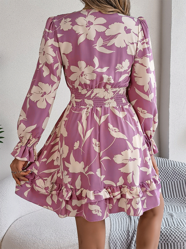 A-Line Floral Dress with Plunging V-Neck and Long Sleeves A-line | Chuzko.com