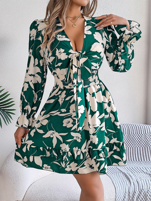 A-Line Floral Dress with Plunging V-Neck and Long Sleeves A-line | Chuzko.com