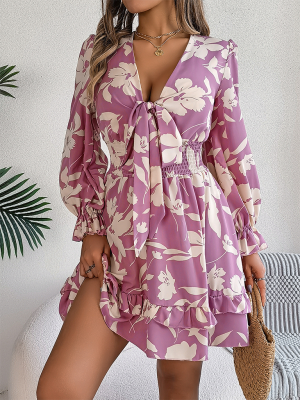 A-Line Floral Dress with Plunging V-Neck and Long Sleeves A-line | Chuzko.com