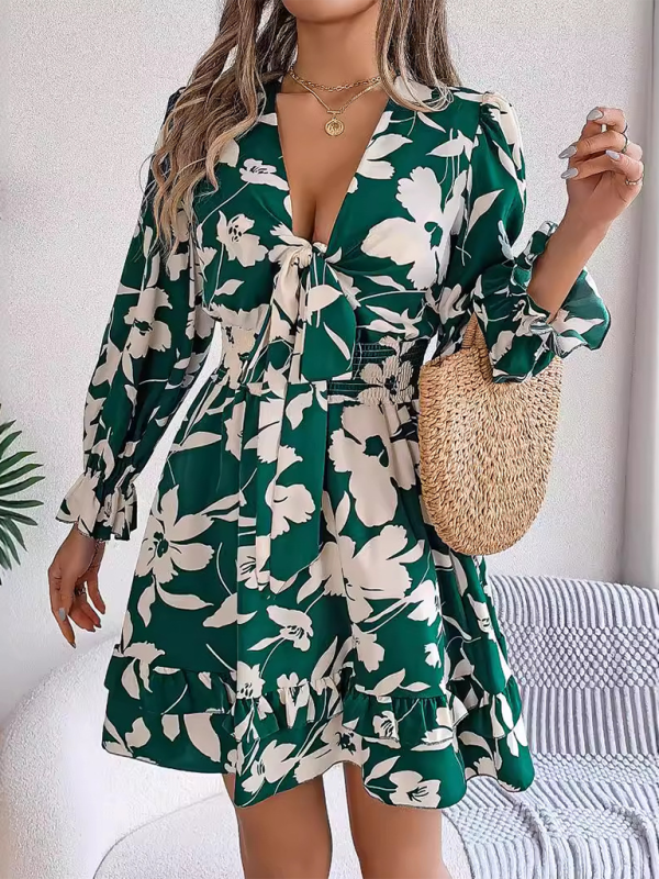 A-Line Floral Dress with Plunging V-Neck and Long Sleeves A-line | Chuzko.com