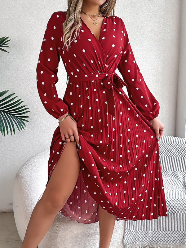 Essential Long Sleeve Polka Dot Tie Belt Midi Dress Wrap Dress | Chuzko.com