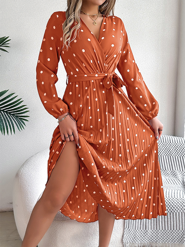 Essential Long Sleeve Polka Dot Tie Belt Midi Dress Wrap Dress | Chuzko.com