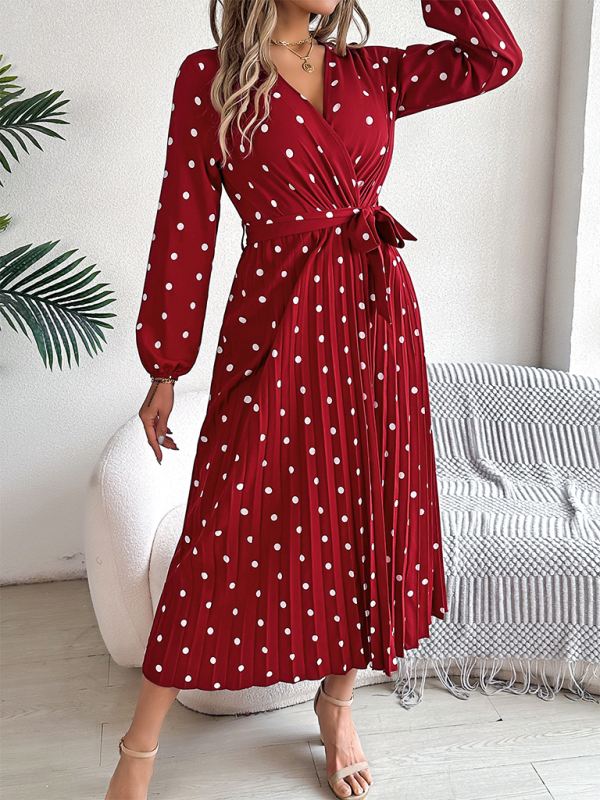 Essential Long Sleeve Polka Dot Tie Belt Midi Dress Wrap Dress | Chuzko.com