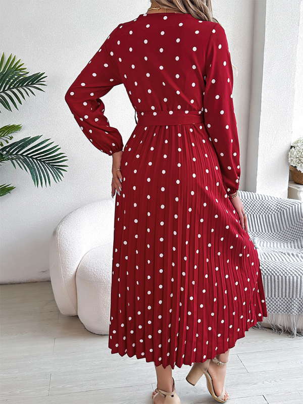 Essential Long Sleeve Polka Dot Tie Belt Midi Dress Wrap Dress | Chuzko.com