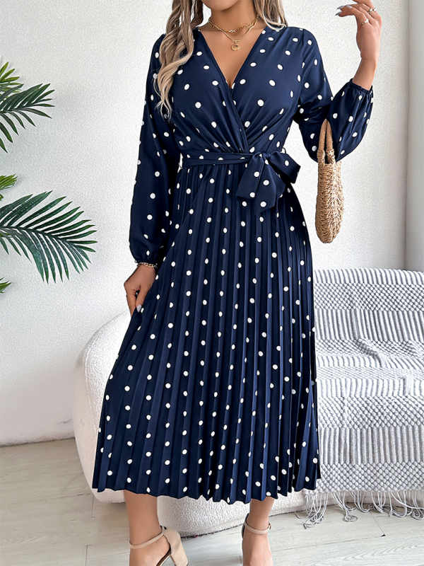 Essential Long Sleeve Polka Dot Tie Belt Midi Dress Wrap Dress | Chuzko.com