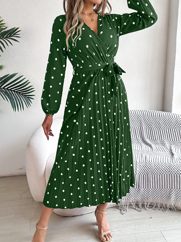 Essential Long Sleeve Polka Dot Tie Belt Midi Dress Wrap Dress | Chuzko.com