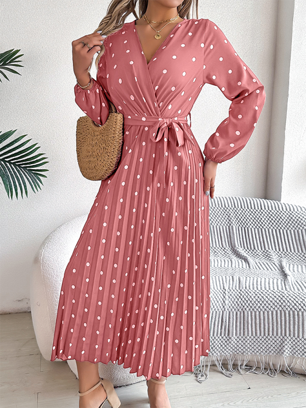 Essential Long Sleeve Polka Dot Tie Belt Midi Dress Wrap Dress | Chuzko.com