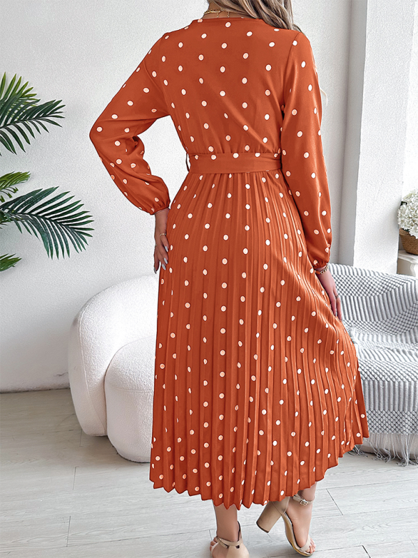 Essential Long Sleeve Polka Dot Tie Belt Midi Dress Wrap Dress | Chuzko.com