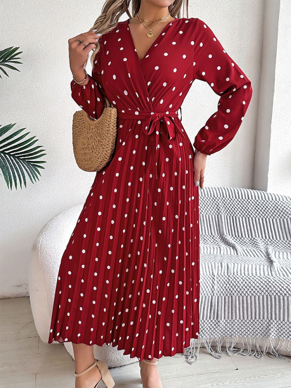 Essential Long Sleeve Polka Dot Tie Belt Midi Dress Wrap Dress | Chuzko.com