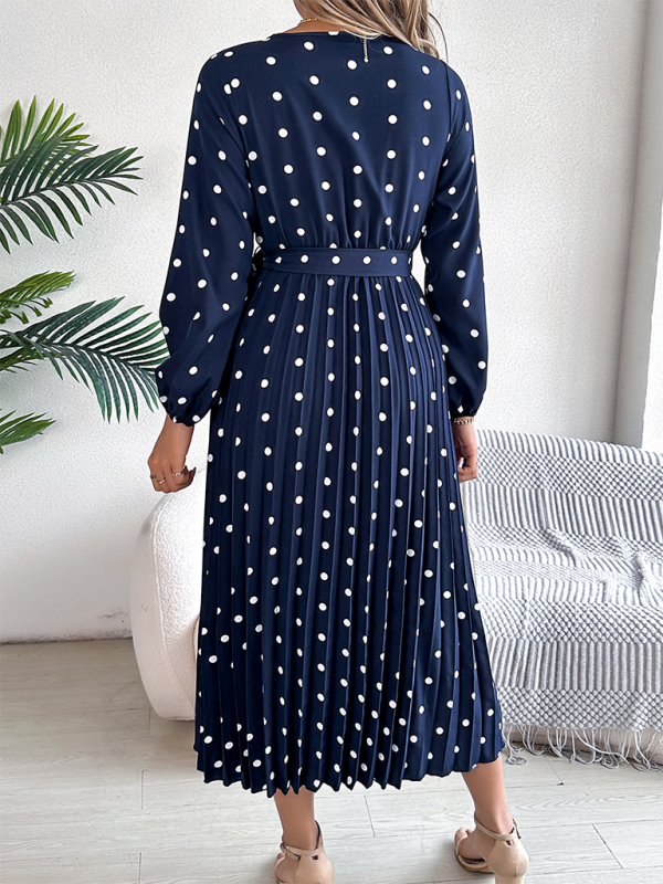 Essential Long Sleeve Polka Dot Tie Belt Midi Dress Wrap Dress | Chuzko.com