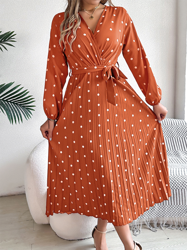 Essential Long Sleeve Polka Dot Tie Belt Midi Dress Wrap Dress | Chuzko.com