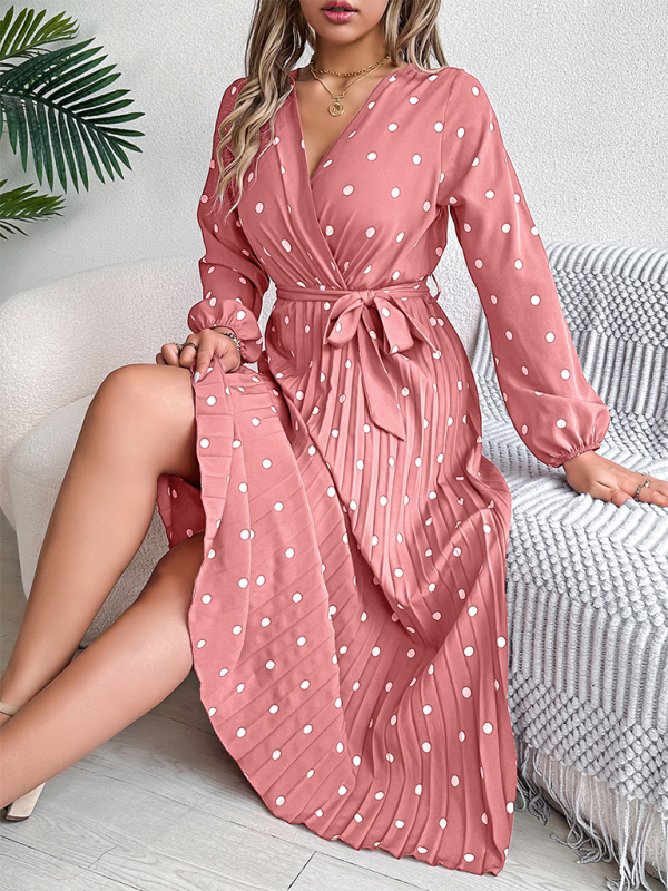 Essential Long Sleeve Polka Dot Tie Belt Midi Dress Wrap Dress | Chuzko.com