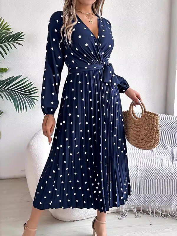 Essential Long Sleeve Polka Dot Tie Belt Midi Dress Wrap Dress | Chuzko.com