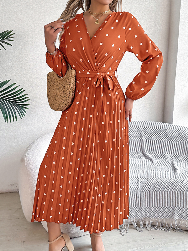 Essential Long Sleeve Polka Dot Tie Belt Midi Dress Wrap Dress | Chuzko.com