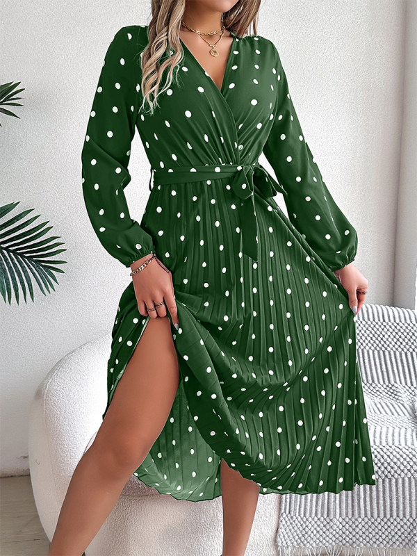 Essential Long Sleeve Polka Dot Tie Belt Midi Dress Wrap Dress | Chuzko.com