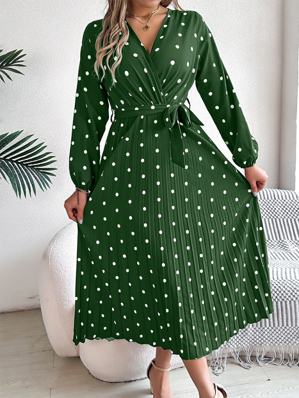 Essential Long Sleeve Polka Dot Tie Belt Midi Dress Wrap Dress | Chuzko.com