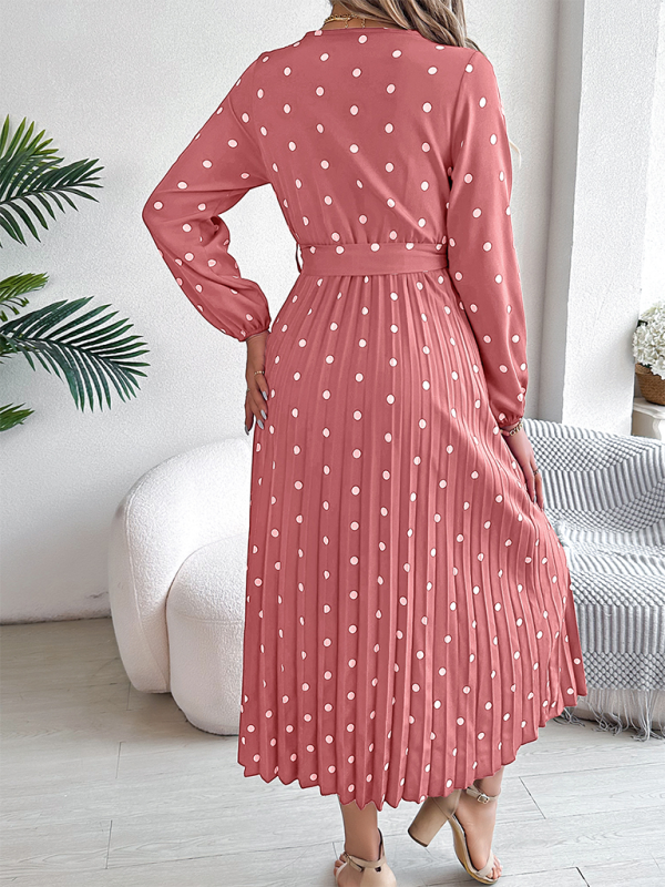 Essential Long Sleeve Polka Dot Tie Belt Midi Dress Wrap Dress | Chuzko.com