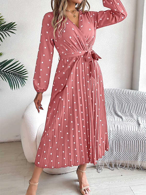 Essential Long Sleeve Polka Dot Tie Belt Midi Dress Wrap Dress | Chuzko.com