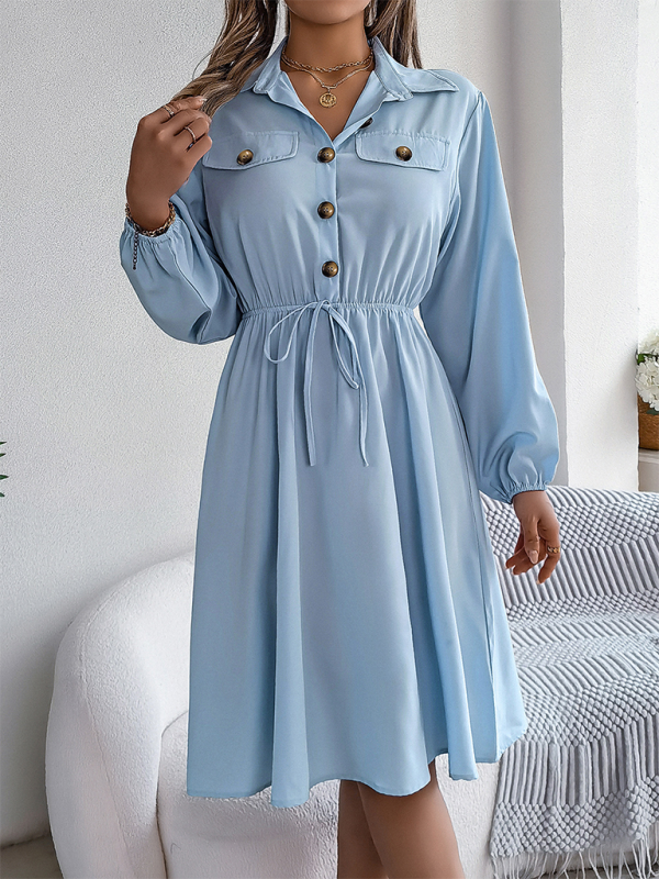 Solid Shirt Dress Knee Length with Bishop Sleeves Shirt Dress | Chuzko.com