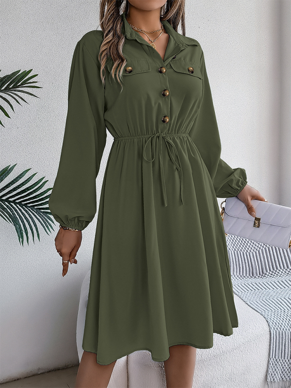 Solid Shirt Dress Knee Length with Bishop Sleeves Shirt Dress | Chuzko.com