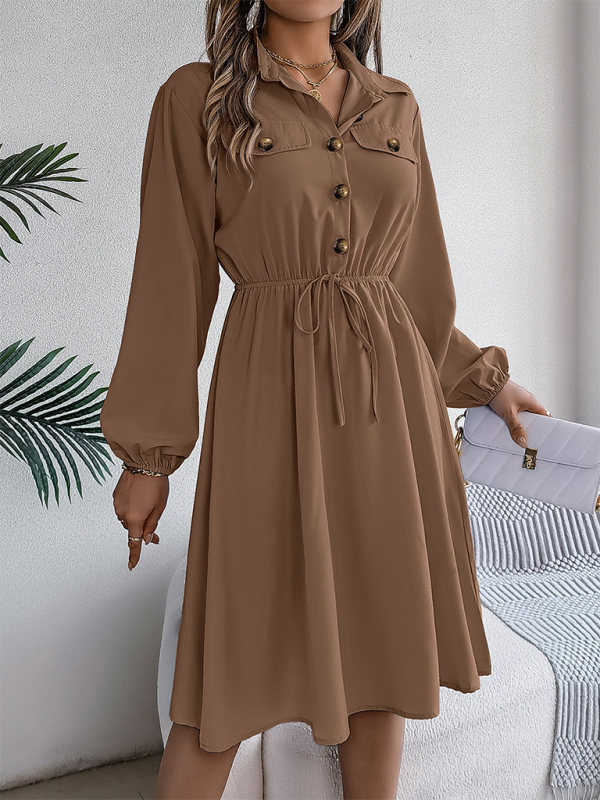 Solid Shirt Dress Knee Length with Bishop Sleeves Shirt Dress | Chuzko.com