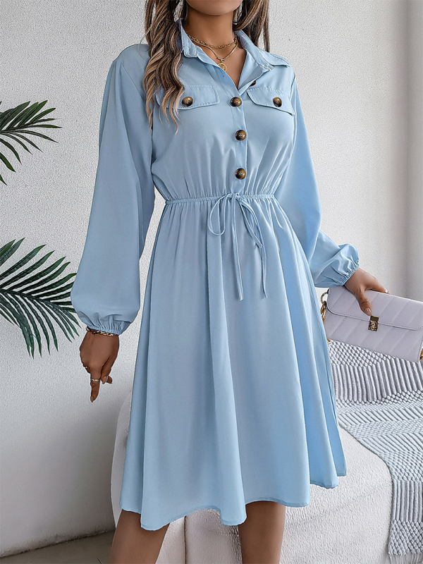 Solid Shirt Dress Knee Length with Bishop Sleeves Shirt Dress | Chuzko.com