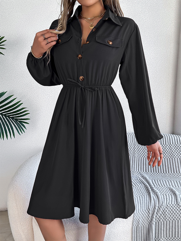 Solid Shirt Dress Knee Length with Bishop Sleeves Shirt Dress | Chuzko.com