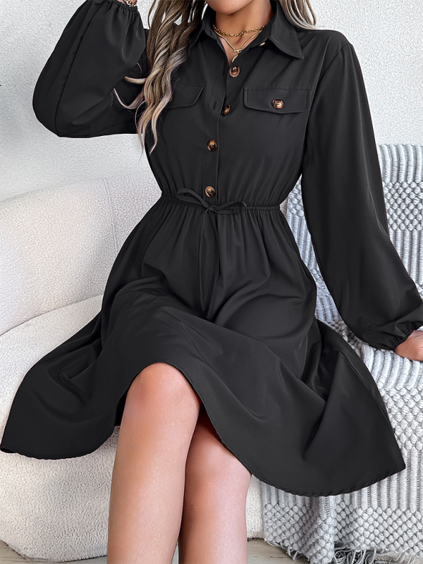 Solid Shirt Dress Knee Length with Bishop Sleeves Shirt Dress | Chuzko.com