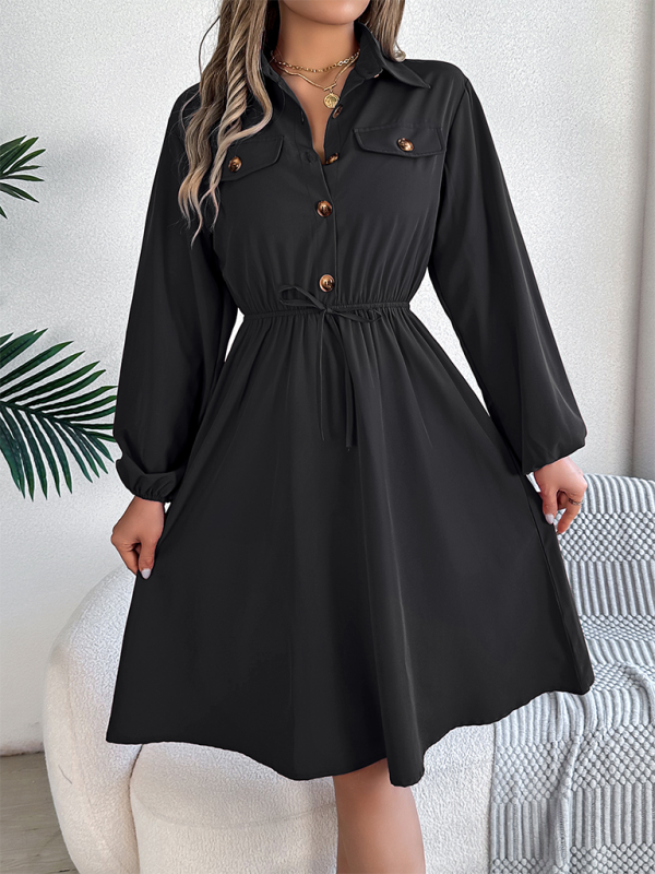 Solid Shirt Dress Knee Length with Bishop Sleeves Shirt Dress | Chuzko.com