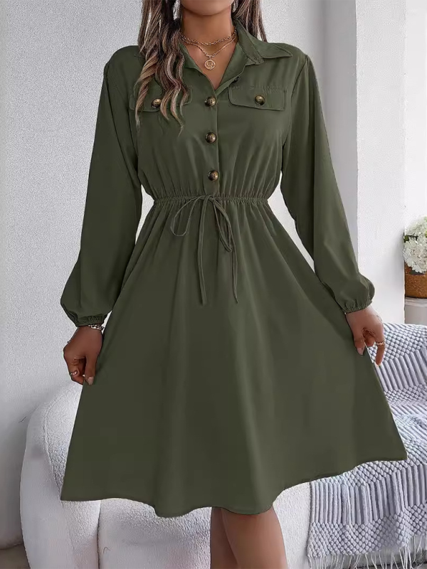 Solid Shirt Dress Knee Length with Bishop Sleeves Shirt Dress | Chuzko.com