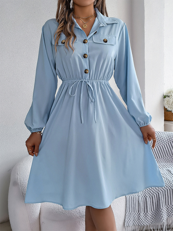 Solid Shirt Dress Knee Length with Bishop Sleeves Shirt Dress | Chuzko.com