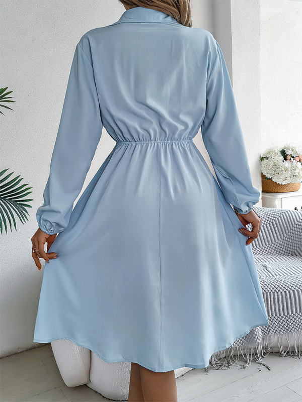 Solid Shirt Dress Knee Length with Bishop Sleeves Shirt Dress | Chuzko.com