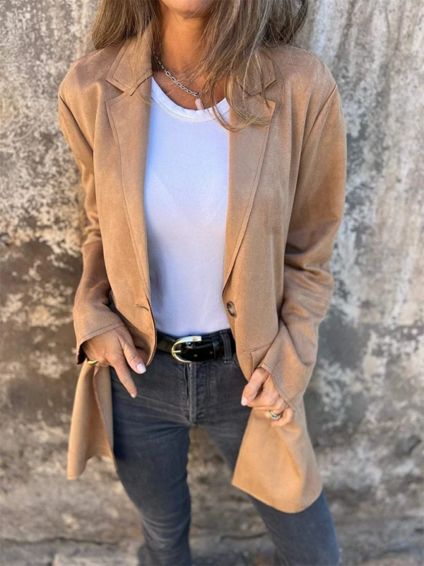 Casual Fashion Suede Lapel Long Sleeve Long Jacket	