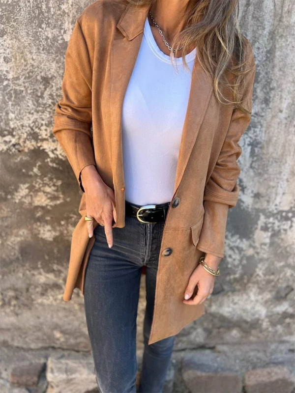 Casual Fashion Suede Lapel Long Sleeve Long Jacket Shackets | Chuzko.com