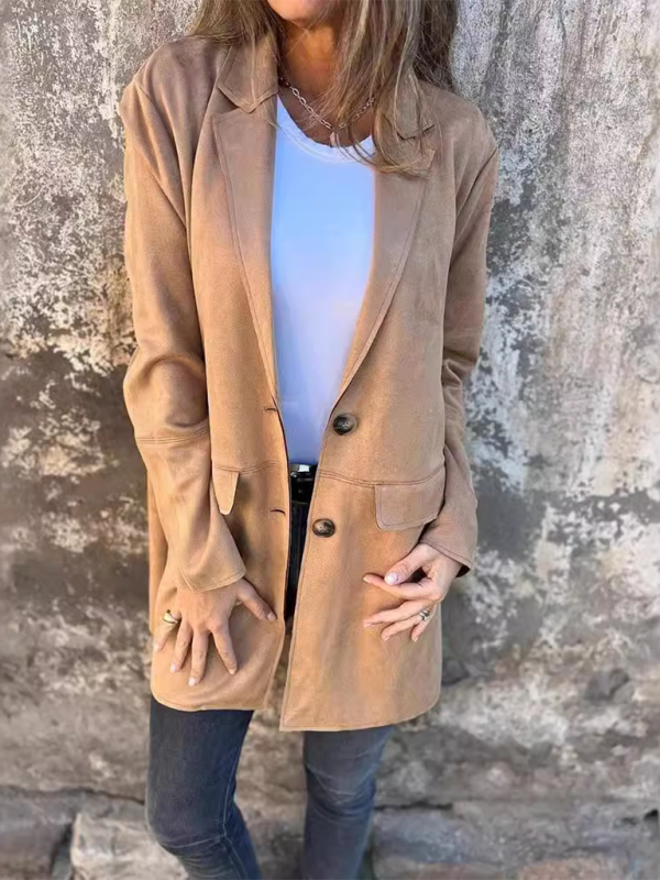 Casual Fashion Suede Lapel Long Sleeve Long Jacket Shackets | Chuzko.com