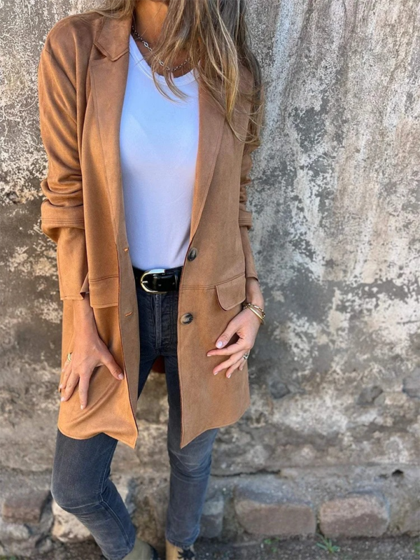 Casual Fashion Suede Lapel Long Sleeve Long Jacket Shackets | Chuzko.com