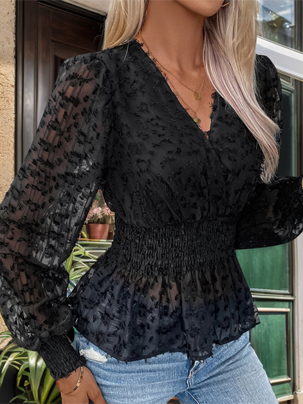 Sheer Lace Black Peplum Blouse with Long Sleeves Peplum Blouse | Chuzko.com