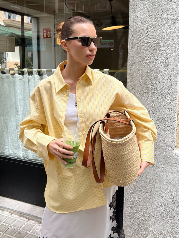 Oversized Yellow Blouse Women Striped Shirt with Long Sleeves	