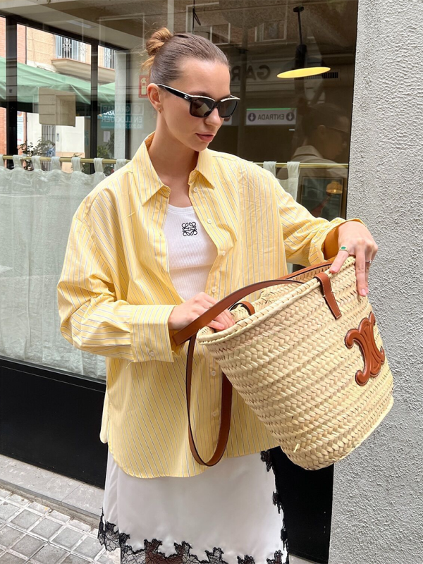 Oversized Yellow Blouse Women Striped Shirt with Long Sleeves | Chuzko.com