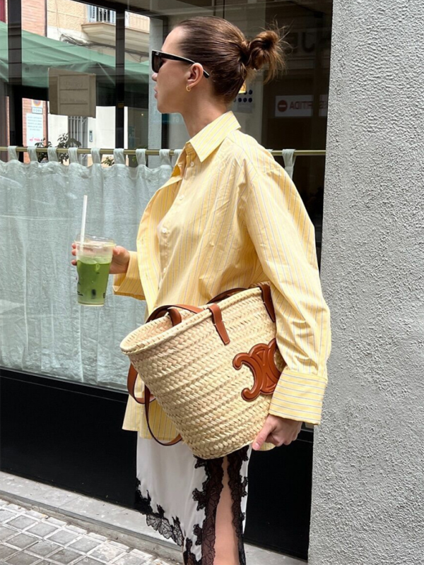 Oversized Yellow Blouse Women Striped Shirt with Long Sleeves | Chuzko.com