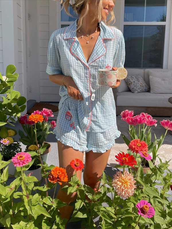 Tea-Timed Embroidery Pajama Set Gingham Loungewear Pajamas | Chuzko.com