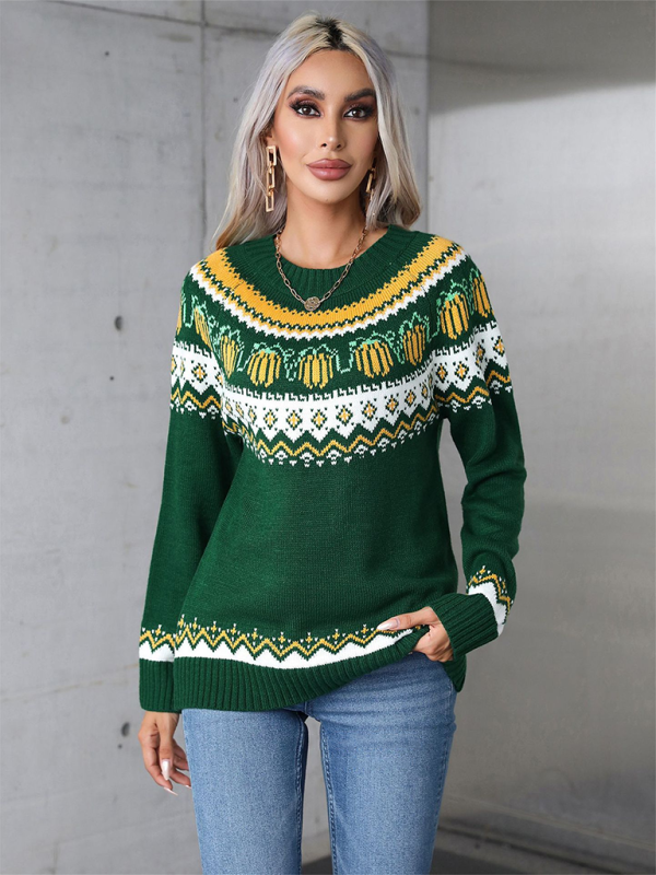 Halloween-Inspired Pumpkin Fair Isle Knit Sweater Sweaters | Chuzko.com