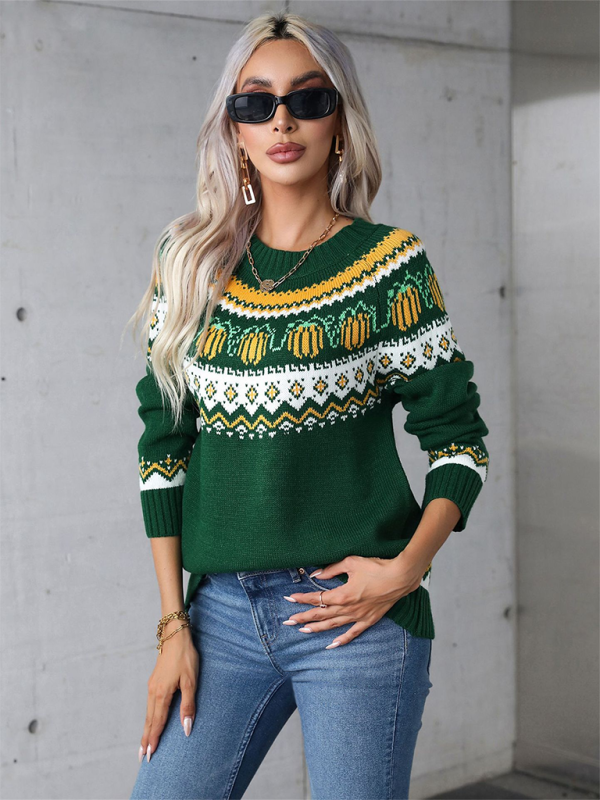 Halloween-Inspired Pumpkin Fair Isle Knit Sweater Sweaters | Chuzko.com