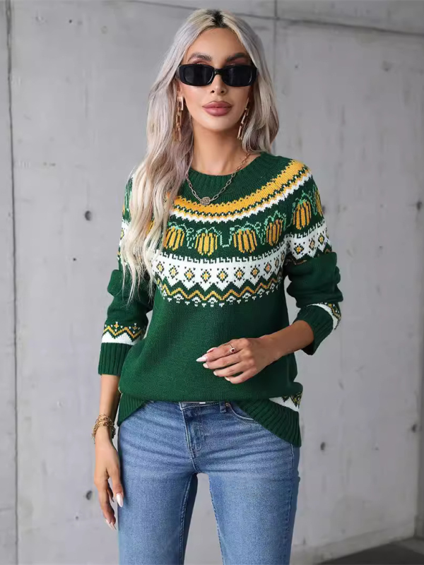 Halloween-Inspired Pumpkin Fair Isle Knit Sweater Sweaters | Chuzko.com