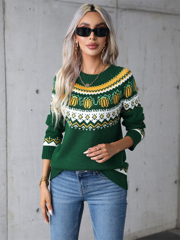 Halloween-Inspired Pumpkin Fair Isle Knit Sweater Sweaters | Chuzko.com