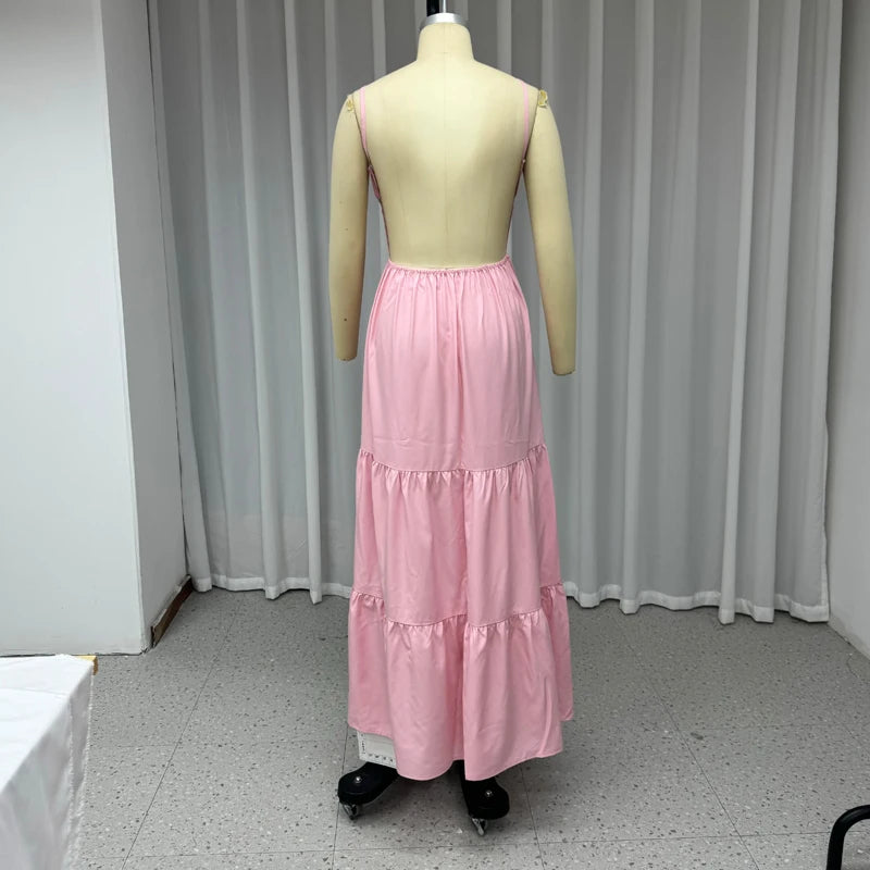 Vacation Pink Backless Tiered Maxi Dress Maxi Dresses | Chuzko.com