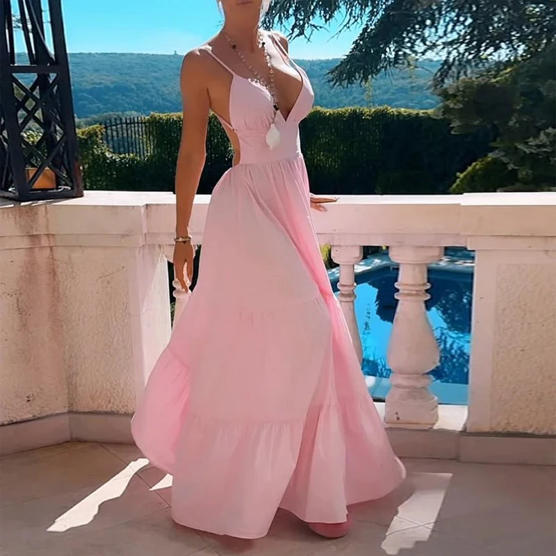 Vacation Pink Backless Tiered Maxi Dress Maxi Dresses | Chuzko.com