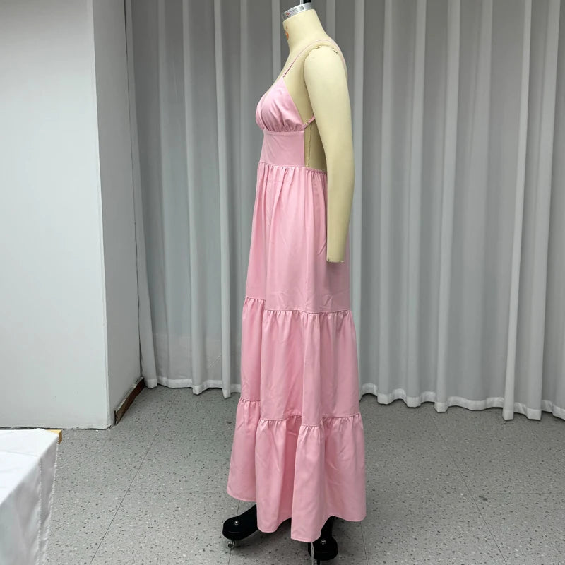 Vacation Pink Backless Tiered Maxi Dress Maxi Dresses | Chuzko.com