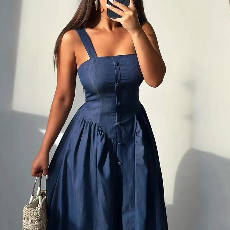 Square Neckline Buttoned Midi Dress for Cocktails Midi Dresses | Chuzko.com