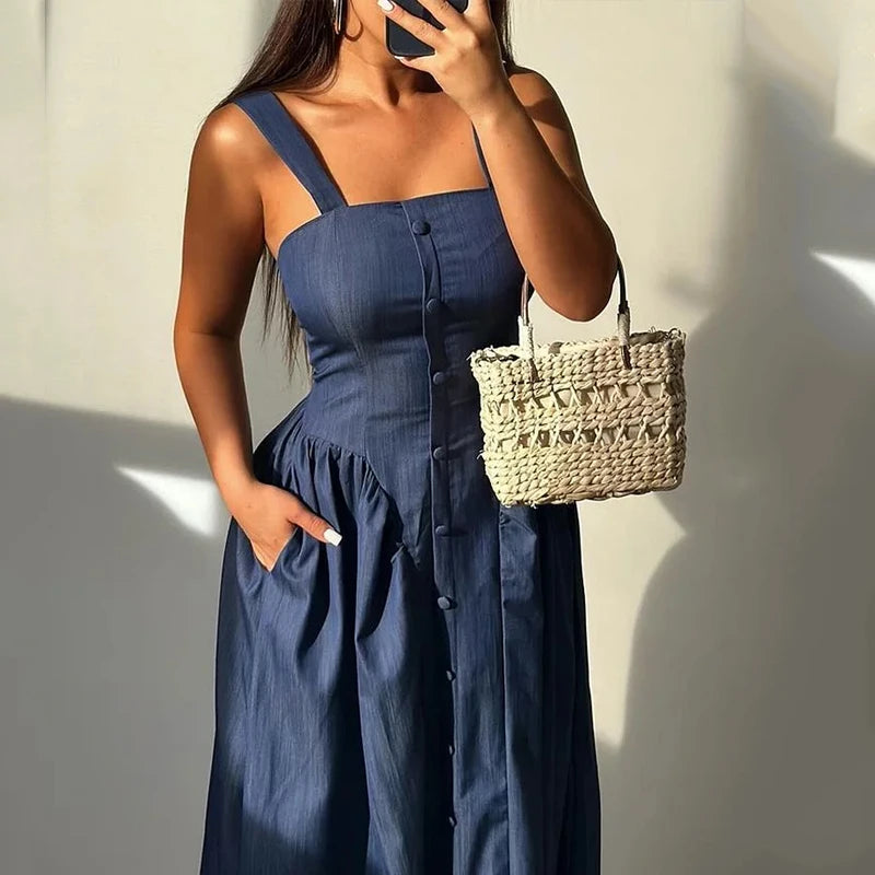 Square Neckline Buttoned Midi Dress for Cocktails Midi Dresses | Chuzko.com